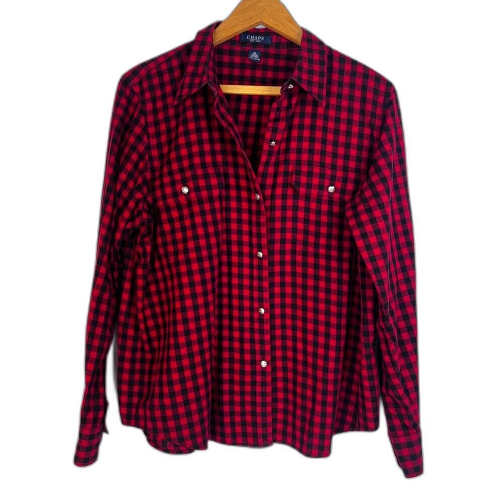 Chaps Red Black‎ Gingham Plaid Button Front Long Sleeve Flannel Shirt Size XL